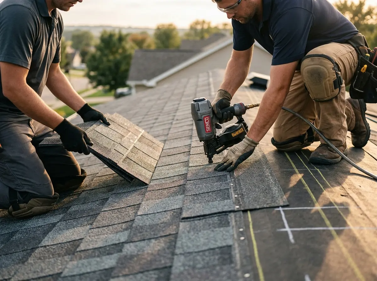 Professional roofer working on a residential roof in Rancho Palos Verdes